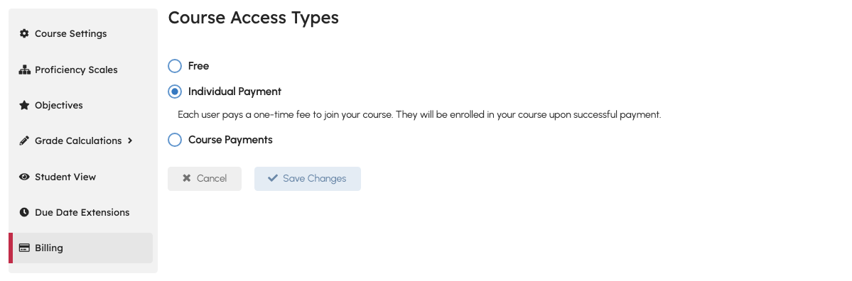 Course Access Types on the Billing settings page