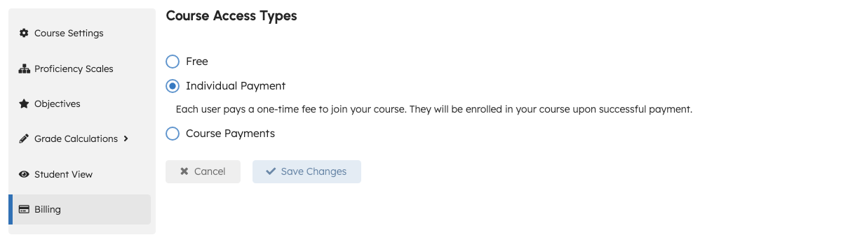 Course Access Types on the Billing settings page