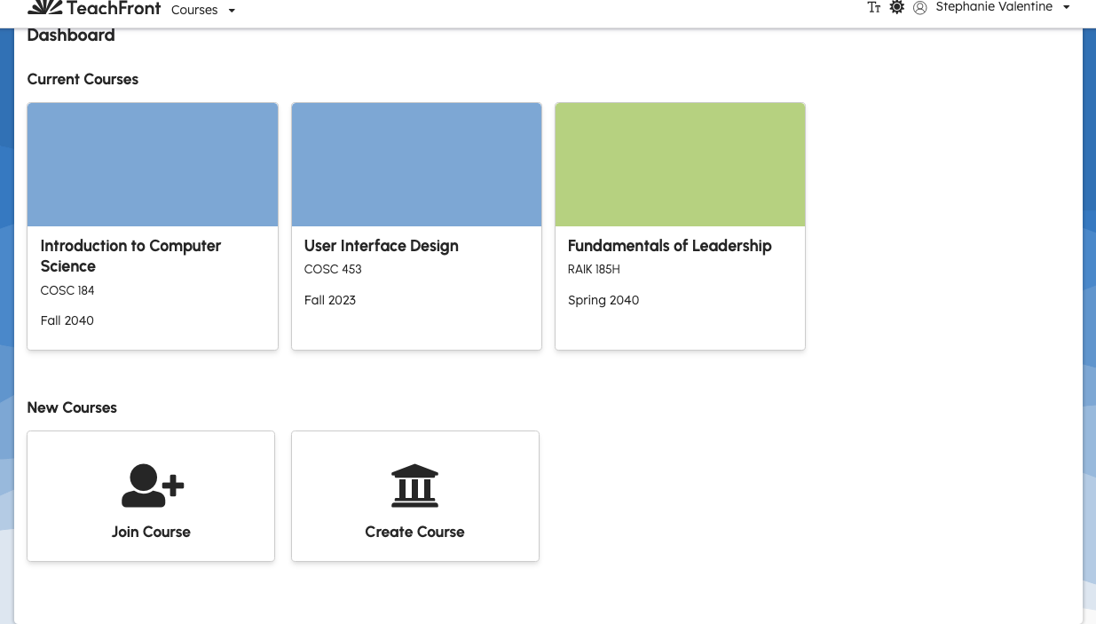 Dashboard New Courses section with Create Course card