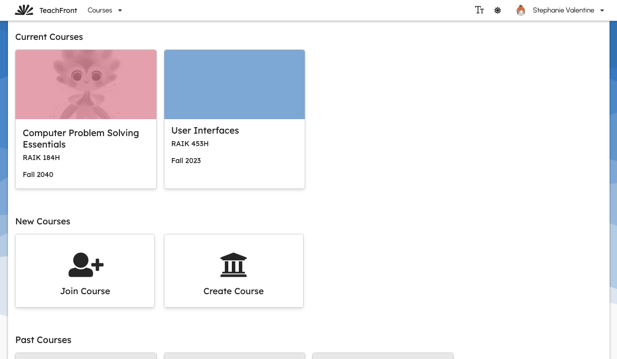 Dashboard New Courses section with Create Course card
