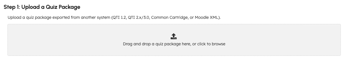 Import quiz wizard showing the upload, review, objective mapping, and commit steps