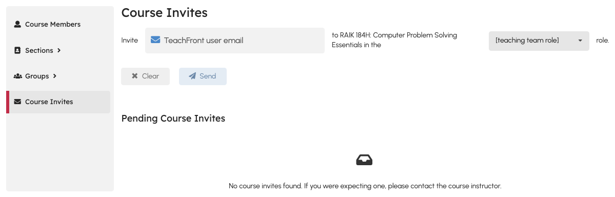 Course Invites form to send a teaching-team invite by email