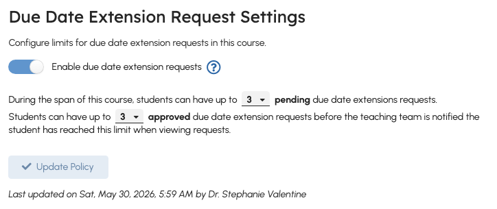 Due date extension policy form with enable toggle and per-student limits