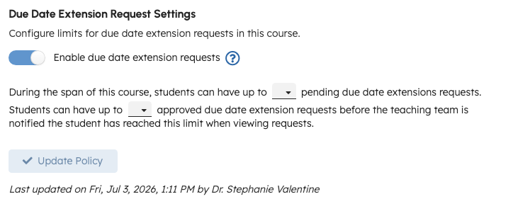 Due date extension policy form with enable toggle and per-student limits
