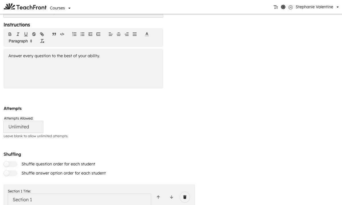 Quiz editor showing the ordered list of sections
