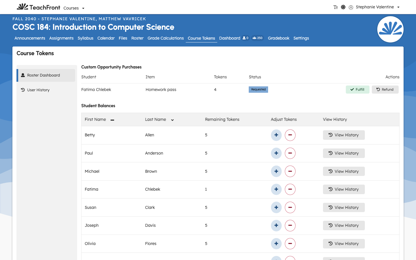 Token roster dashboard listing students and remaining balances