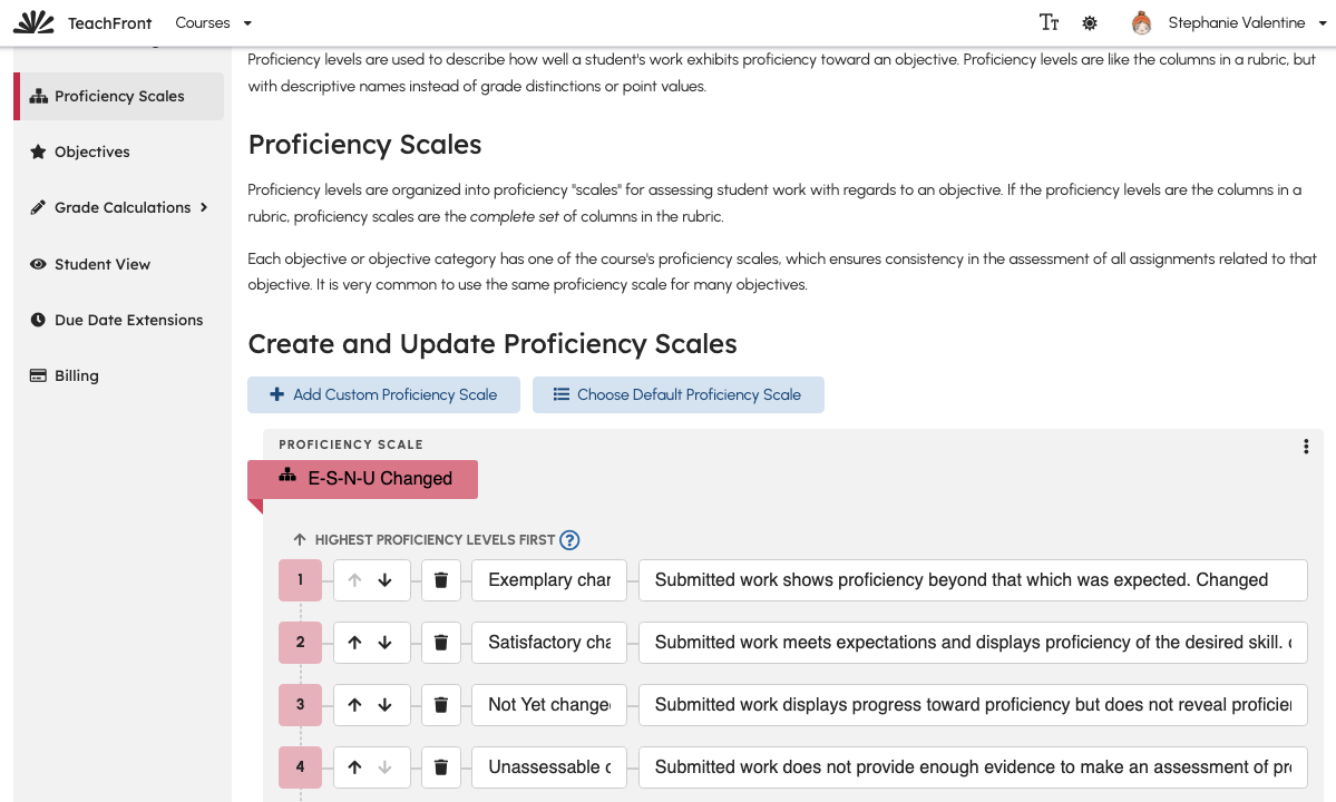 Proficiency scales list in Course Settings