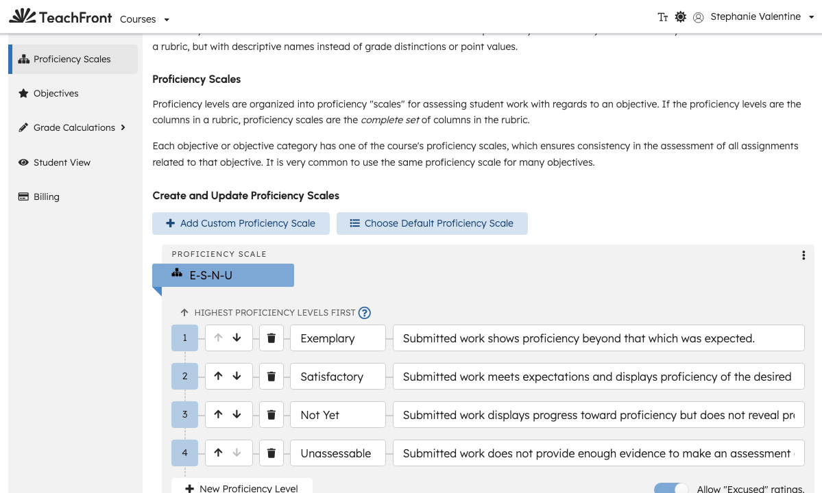 Proficiency scales list in Course Settings