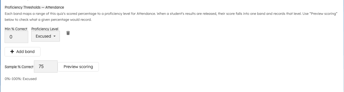 Threshold editor panel showing score-percentage bands mapped to proficiency levels