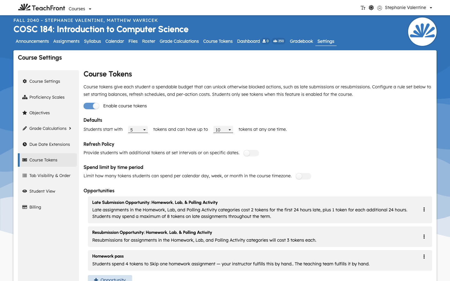 Course token settings showing Enable course tokens, Defaults, and Opportunities