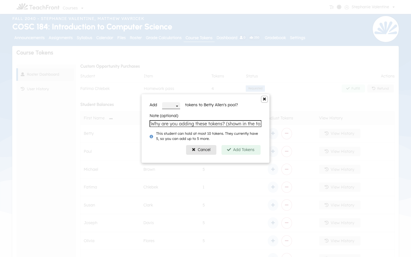 Add tokens modal for a single student