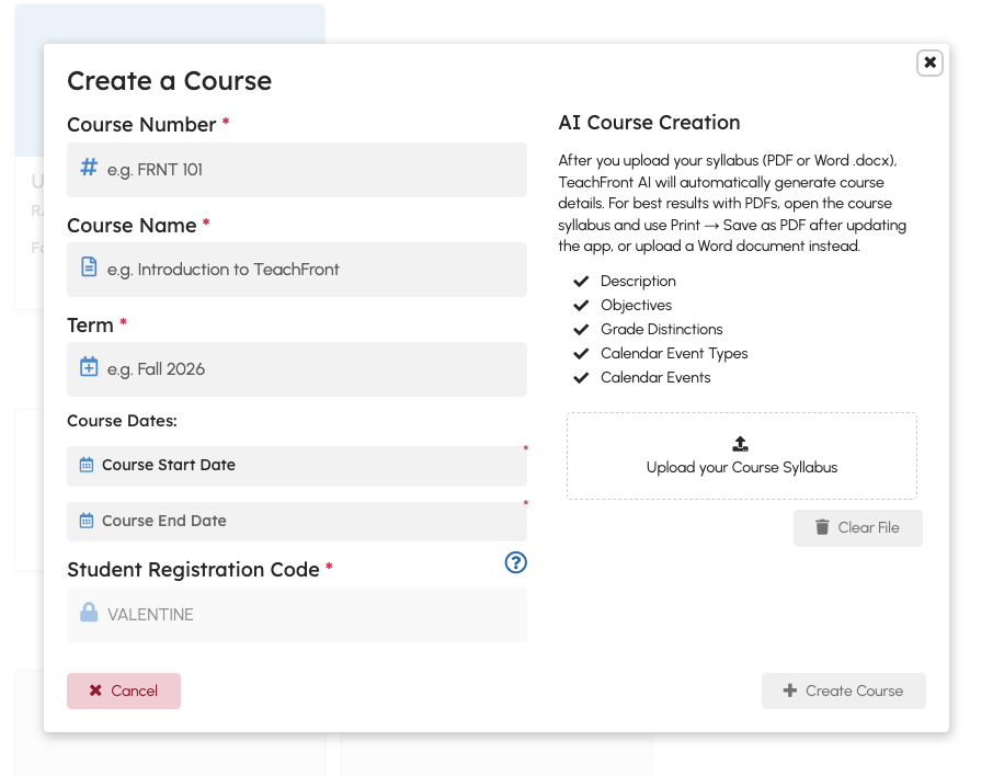 Create a Course modal with course details fields