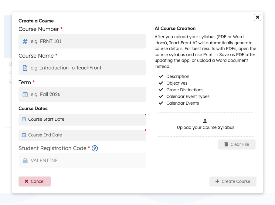Create a Course modal with course details fields