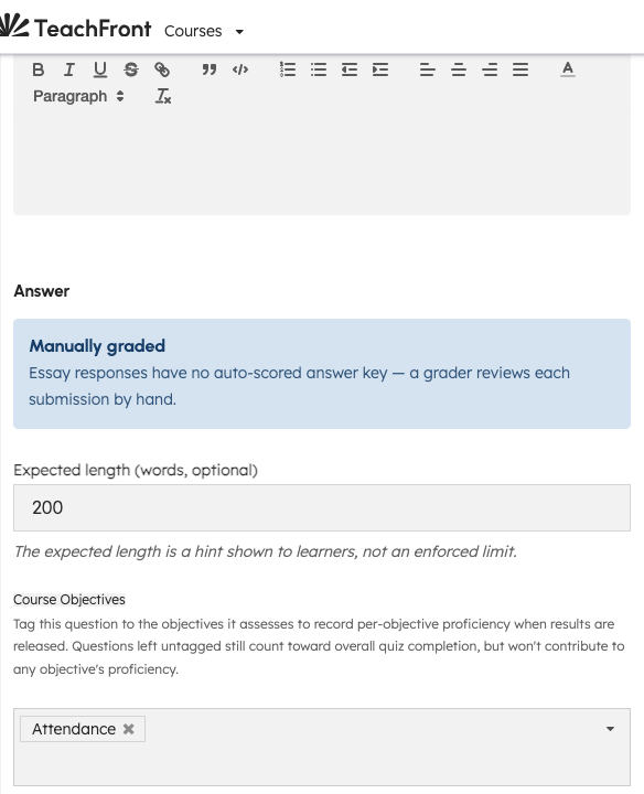 Question editor for an essay question with objective tagging and scoring basis