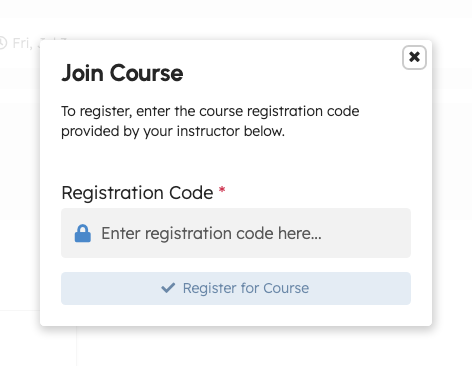 Registration code entry in the Join Course modal