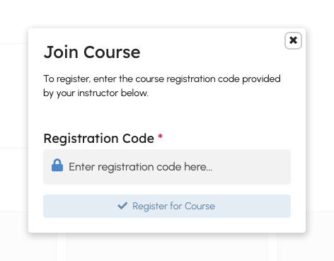 Registration code entry in the Join Course modal