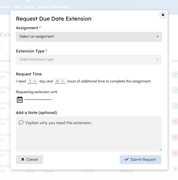 Request extension modal with due date and note fields