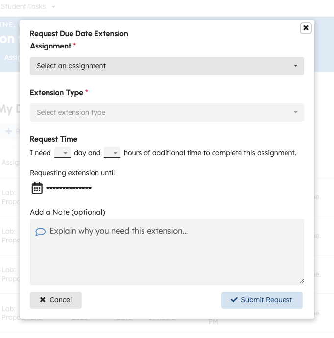 Request extension modal with due date and note fields