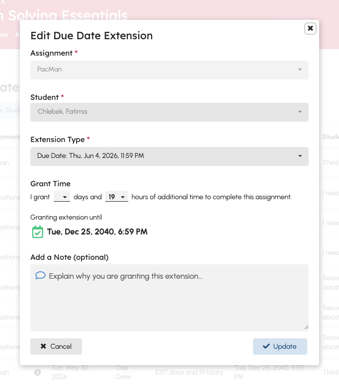 Edit extension modal to confirm due date and add an instructor note before approving