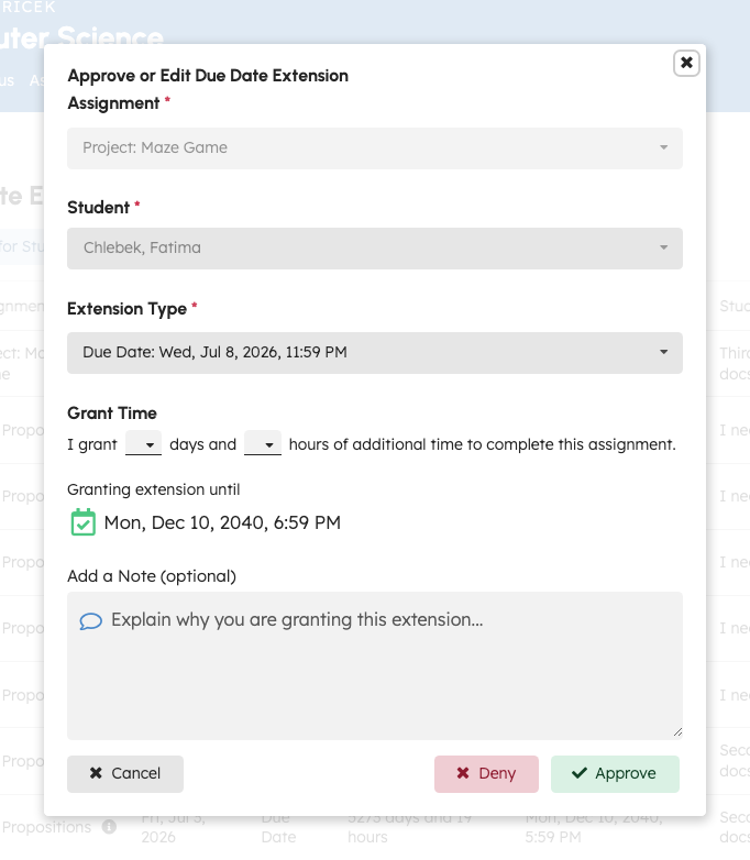 Edit extension modal to confirm due date and add an instructor note before approving
