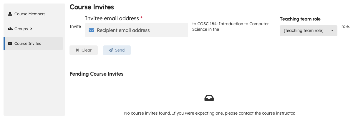Course Invites view with email, role, and pending invites