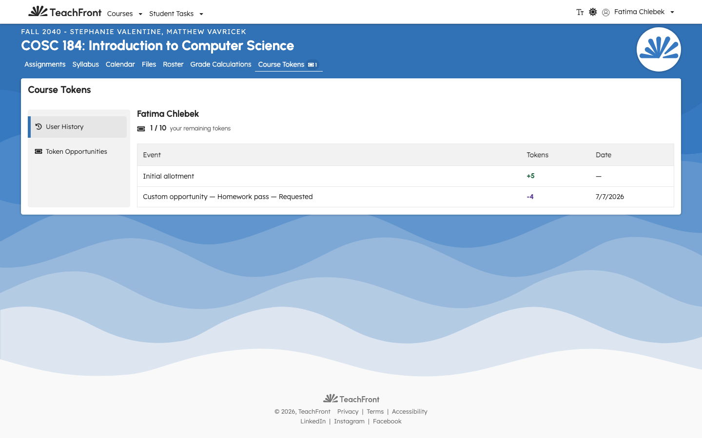User History page showing balance header and activity