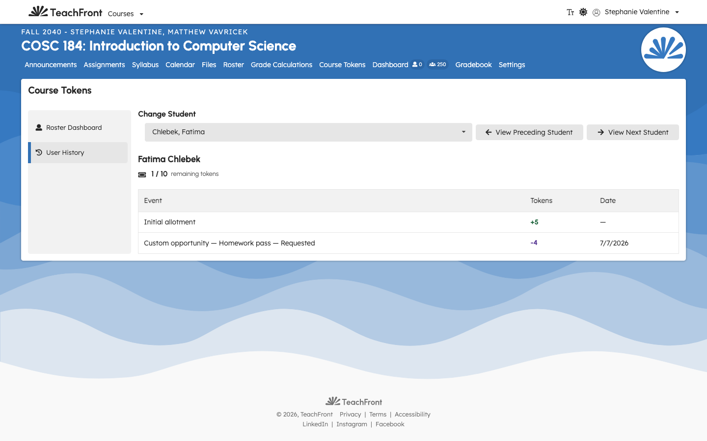 Student token usage and grant history with balance header