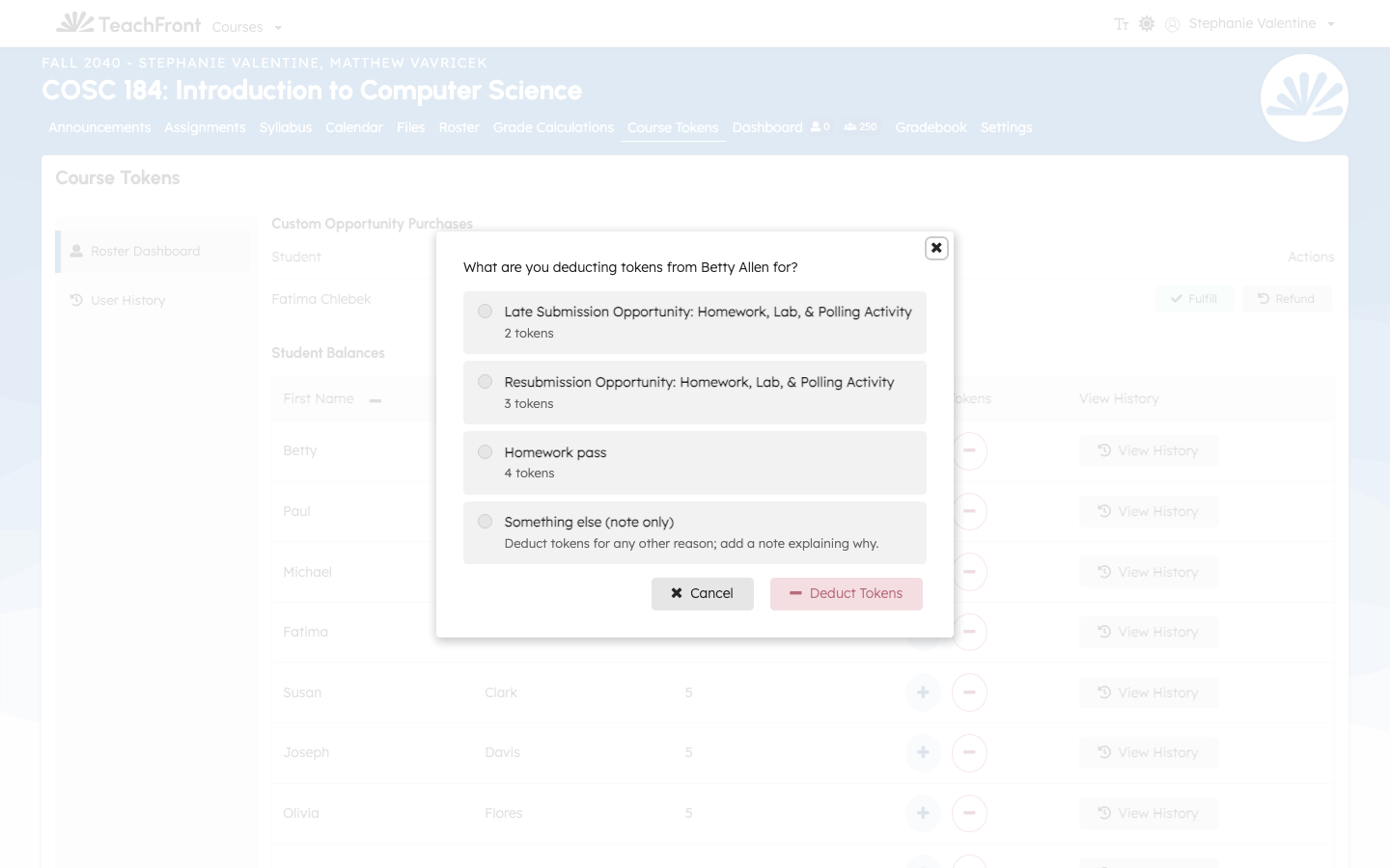 Deduct tokens modal with the opportunity list and a note-only option