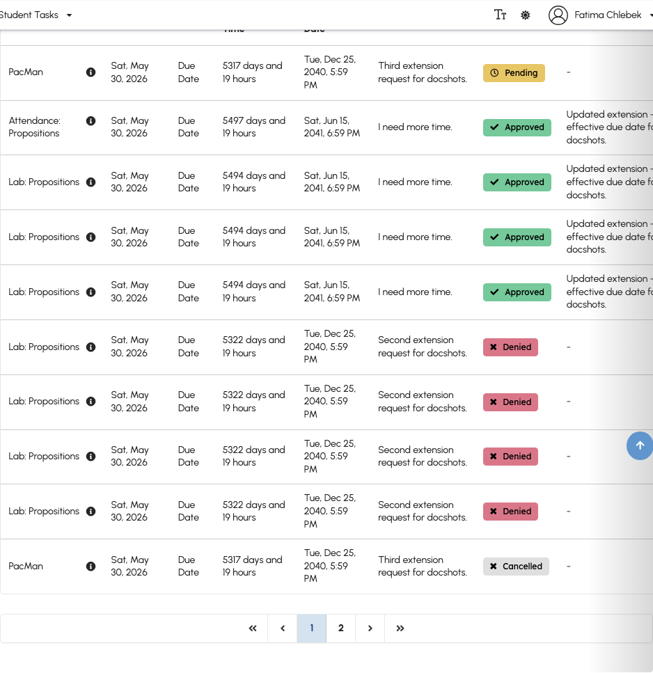 Extension list showing Pending, Approved, and Denied statuses