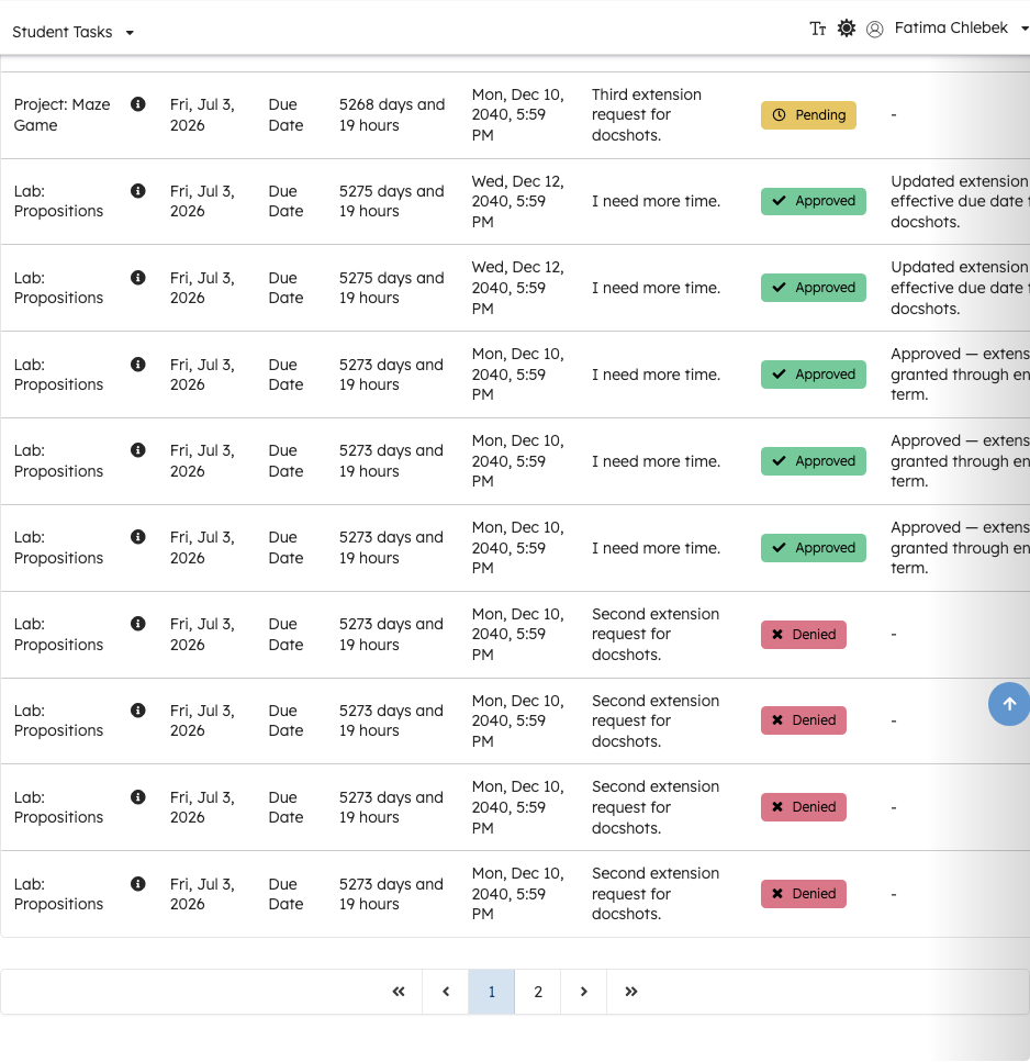 Extension list showing Pending, Approved, and Denied statuses
