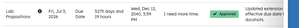 Approved extension row with final due date and instructor note