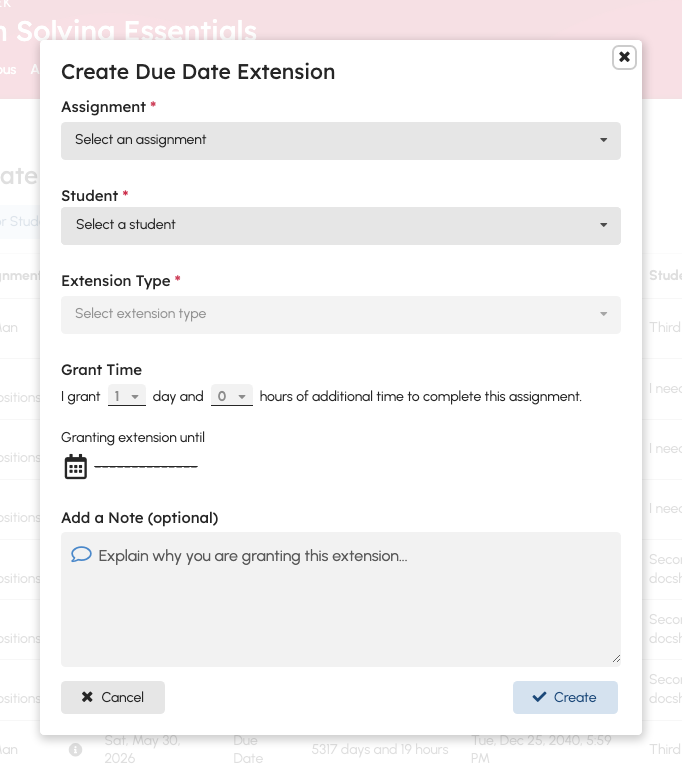 Create extension modal with student and assignment selectors