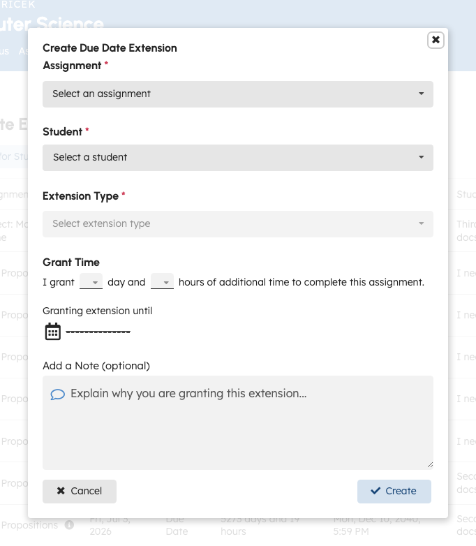 Create extension modal with student and assignment selectors