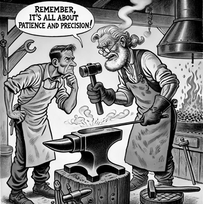 A cartoon of a blacksmith training his apprentice.
