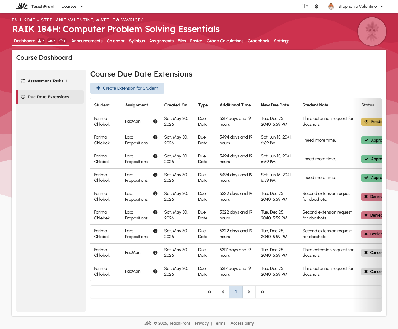 Due Date Extensions list with request statuses