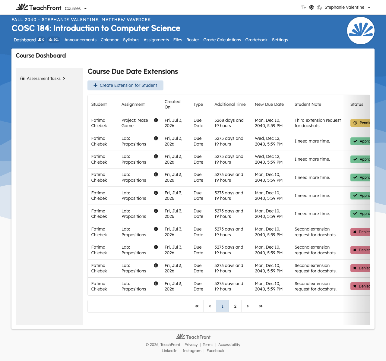 Due Date Extensions list with request statuses
