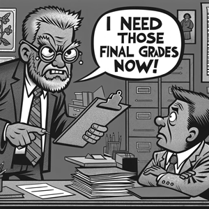 Cartoon of school administrator demanding final grades from an instructor.