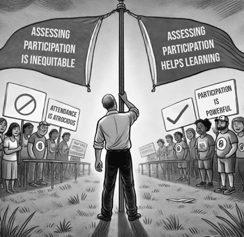 A cartoon of two camps, with a man standing between them with a flag.