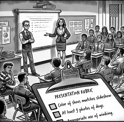 A cartoon of students giving a presentation with a very silly rubric.
