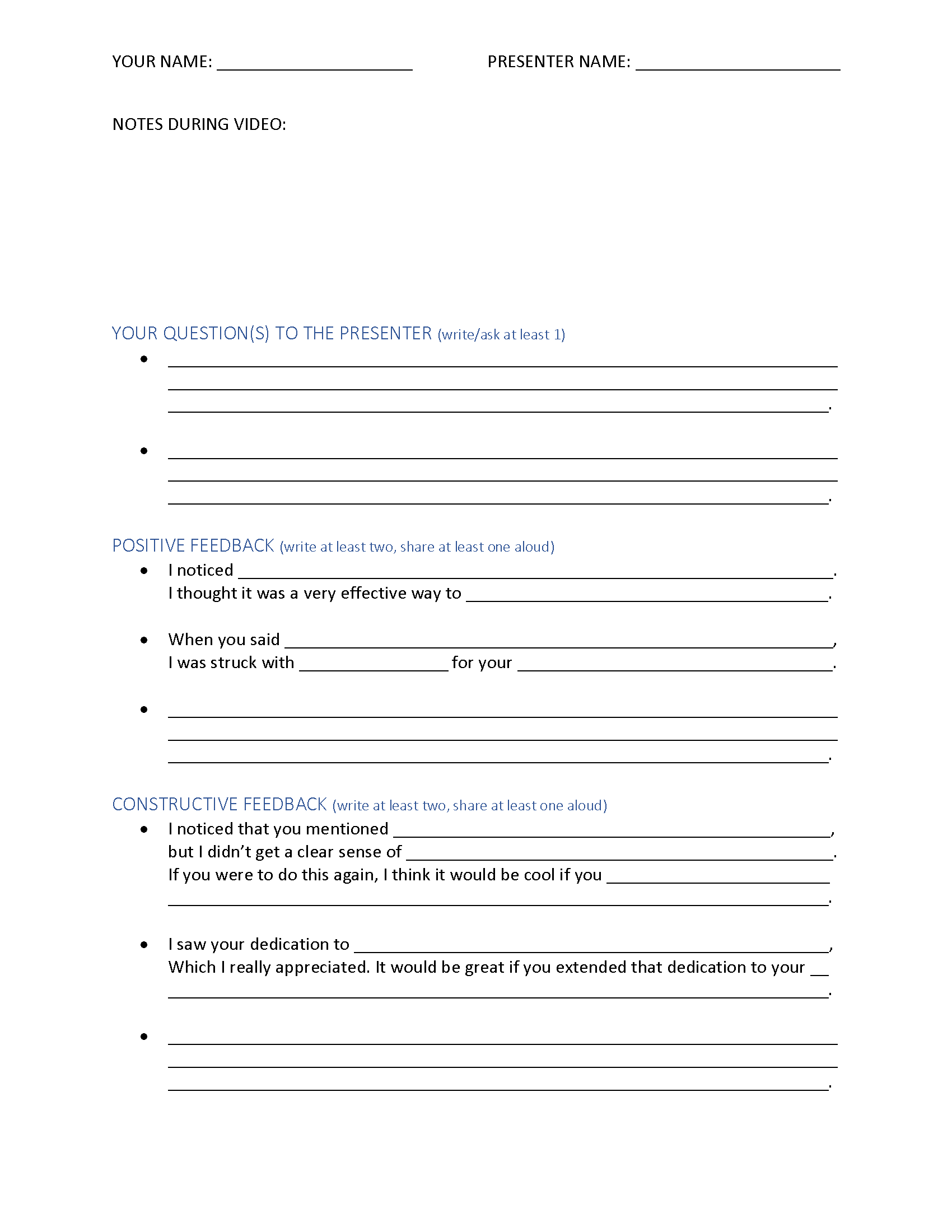 A worksheet with lines for handwritten feedback, including several sentence starters.