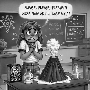 Cartoon of a student fretting over her faux volcano.