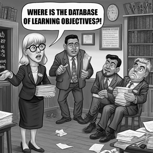Cartoon of new professor asking her colleagues where to find the database of course objectives.